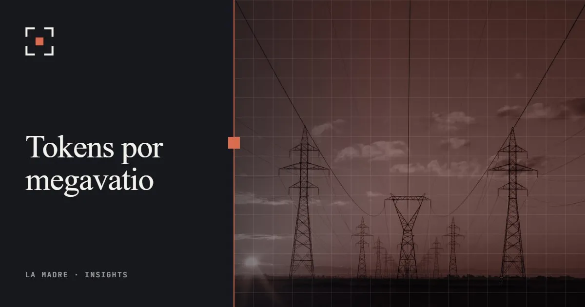 Torres eléctricas y líneas de alta tensión al atardecer, en duotono La Madre, junto a las palabras Tokens por megavatio