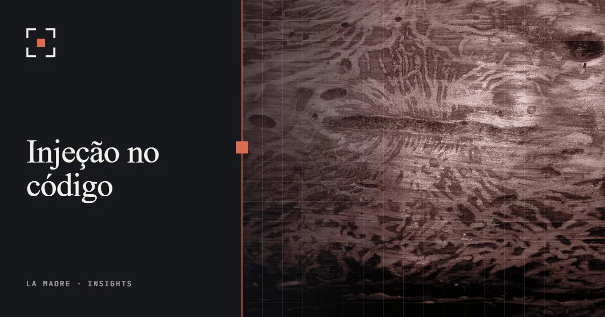 Galerias de larvas de besouro sob a casca de uma árvore, no duotone da La Madre, ao lado das palavras Injeção no código