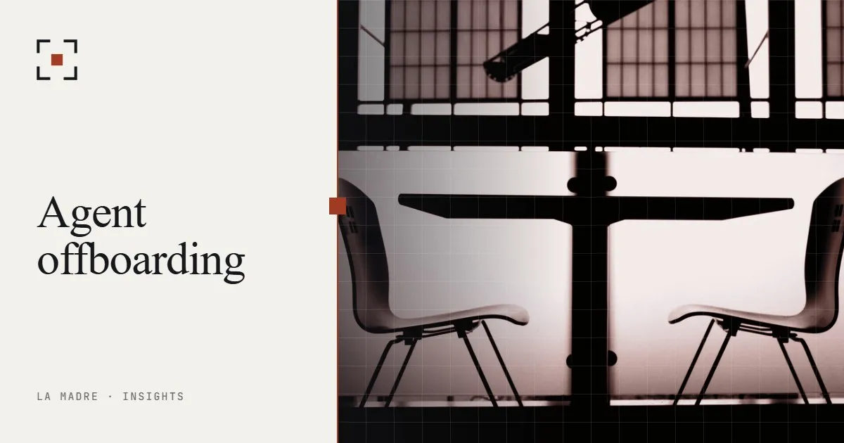 Two empty chairs at a table, in silhouette against a window, in La Madre duotone, beside the words Agent offboarding