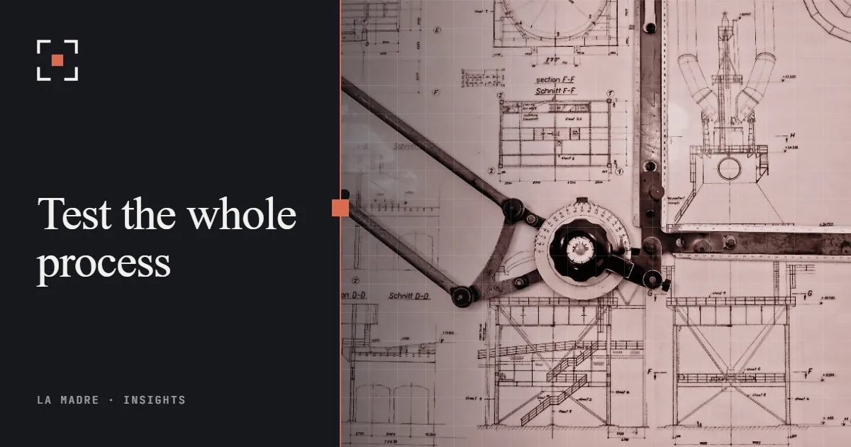 A drafting compass resting on technical blueprints, in La Madre duotone, beside the words Test the whole process