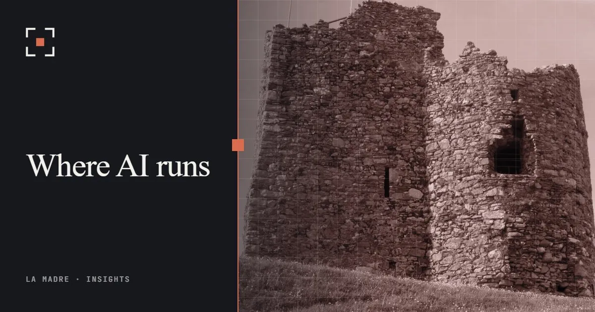 A weathered stone tower under a clear sky, in La Madre duotone, beside the words Where AI runs