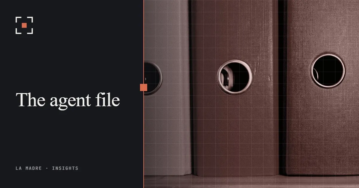 A row of office binders on a shelf, in La Madre duotone, beside the words The agent file