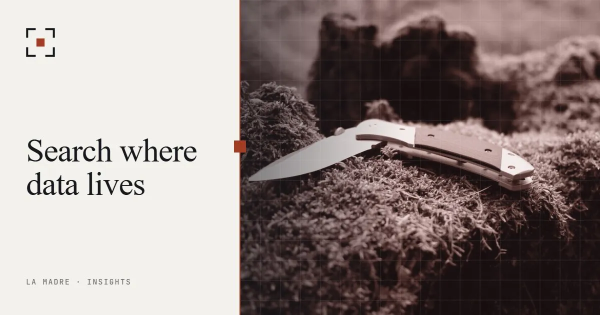 A folding pocket knife resting on moss, in La Madre duotone, beside the words Search where data lives