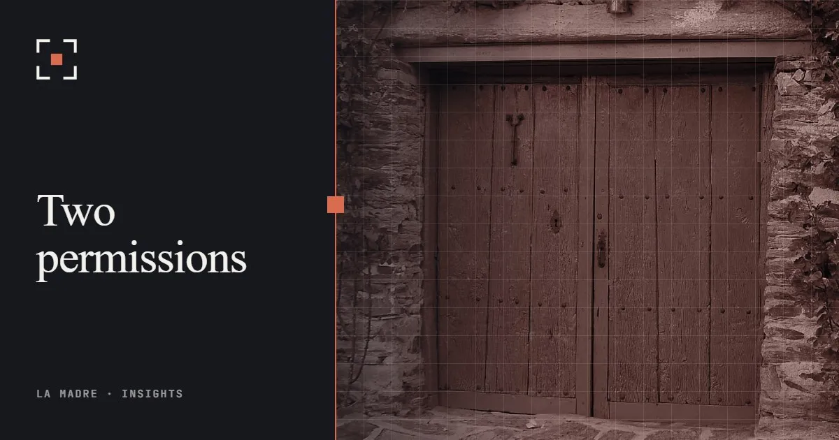 A blue double wooden door in a stone wall, in La Madre duotone, beside the words Two permissions