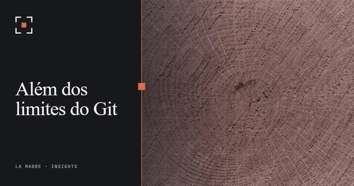 Os anéis de crescimento de um tronco de árvore cortado, em duotone La Madre, ao lado das palavras Além dos limites do Git