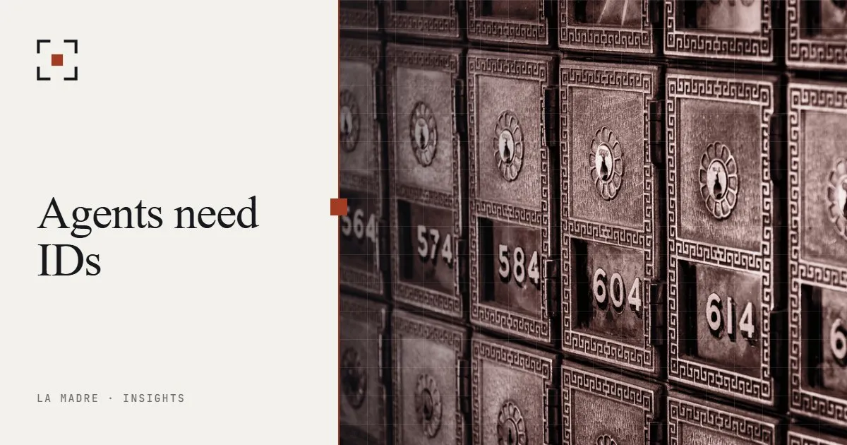 Rows of numbered bronze deposit boxes, each with its own lock, in La Madre duotone, beside the words Agents need IDs