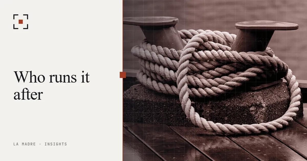 A thick mooring rope looped around a bollard on a wooden quay, in La Madre duotone, beside the words Who runs it after