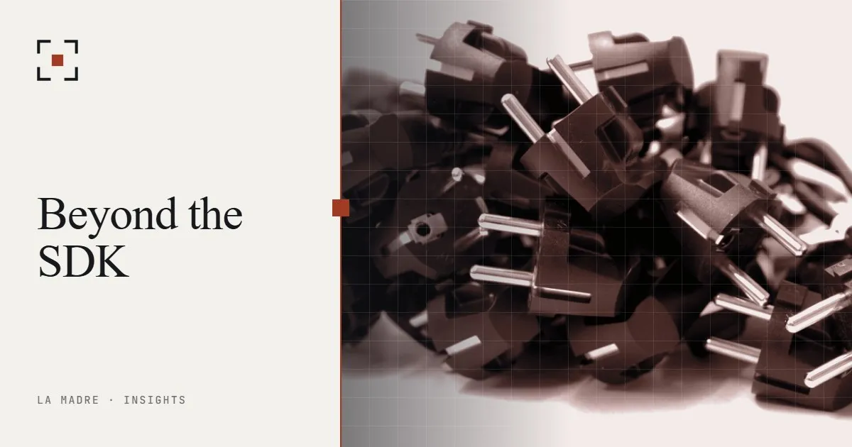 A pile of electrical plugs, in La Madre duotone, beside the words Beyond the SDK