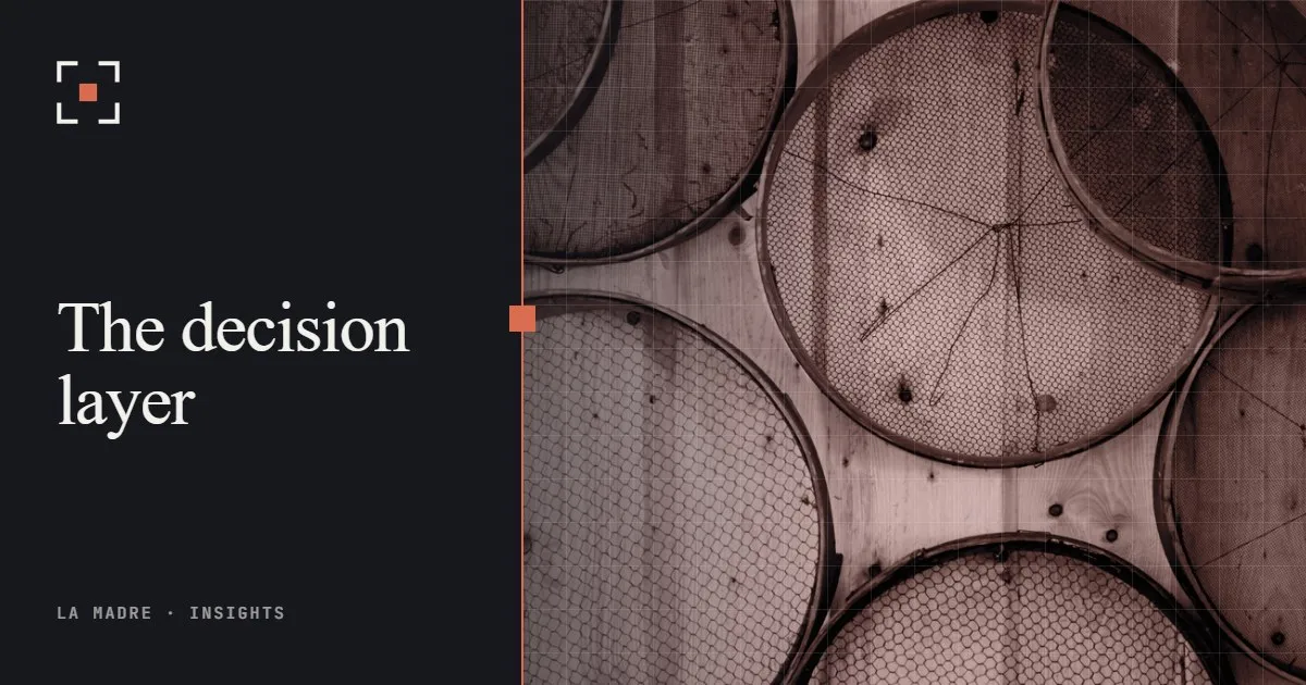 Round wooden sieves stacked on a table, in La Madre duotone, beside the words The decision layer