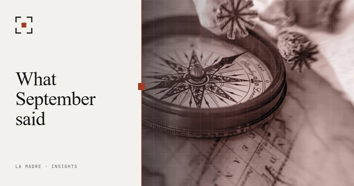 An antique brass compass resting on an old map, in La Madre duotone, beside the words What September said