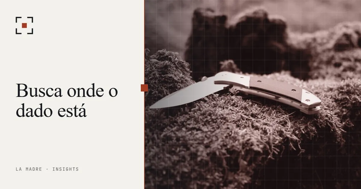 Um canivete dobrável apoiado sobre musgo, em duotone da La Madre, ao lado das palavras Busca onde o dado está