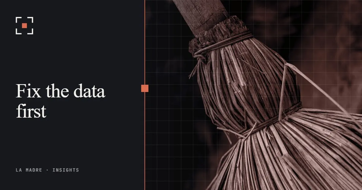 Close-up of a straw broom, in La Madre duotone, beside the words Fix the data first