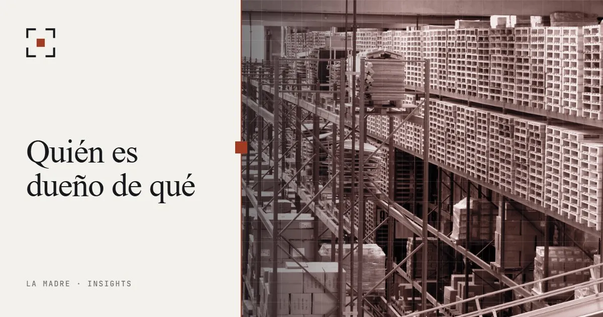 Estanterías de almacén llenas de cajas, en el duotono de La Madre, junto a las palabras Quién es dueño de qué