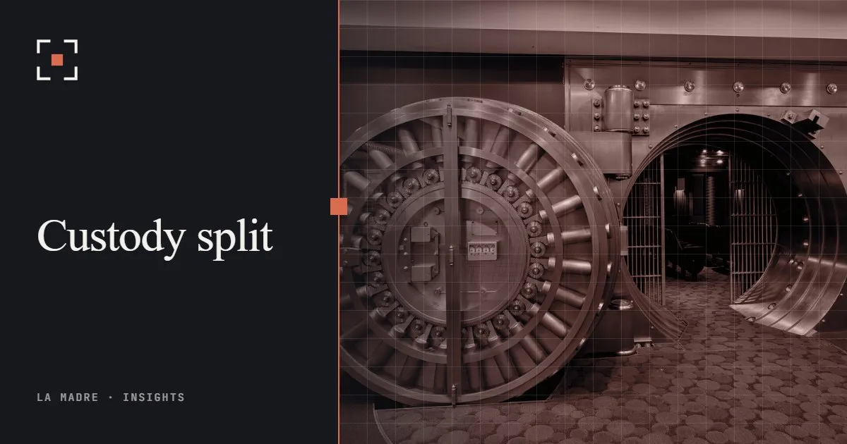 Open steel door of a bank vault, in La Madre duotone, beside the words Custody split