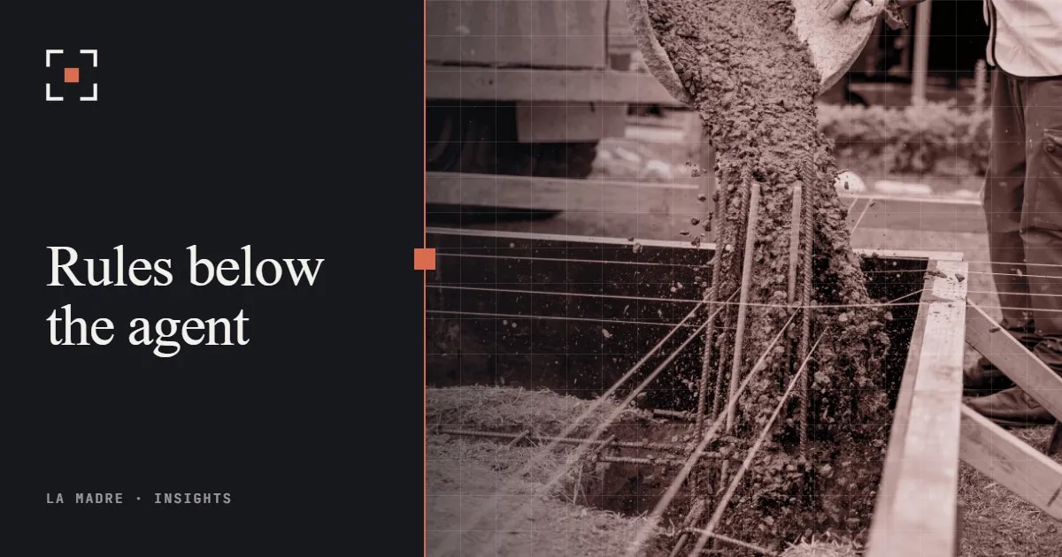 Concrete being poured into a rebar foundation footing, in La Madre duotone, beside the words Rules below the agent