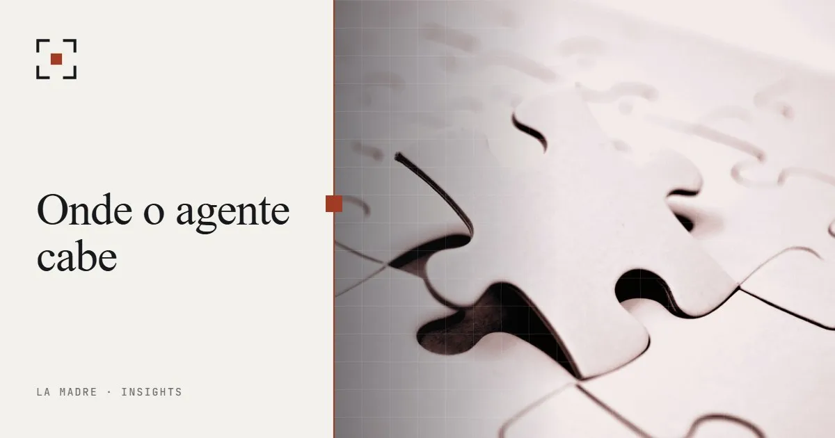 Um quebra-cabeça com uma peça prestes a encaixar, em duotone La Madre, ao lado das palavras Onde o agente cabe