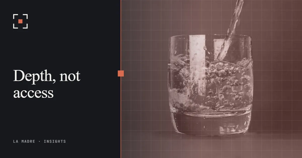 Water being poured into a clear glass, in La Madre duotone, beside the words Depth, not access