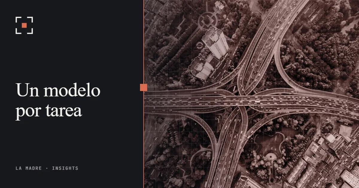 Vista aérea de un nudo de autopistas con varios niveles, en duotono La Madre, junto a las palabras Un modelo por tarea