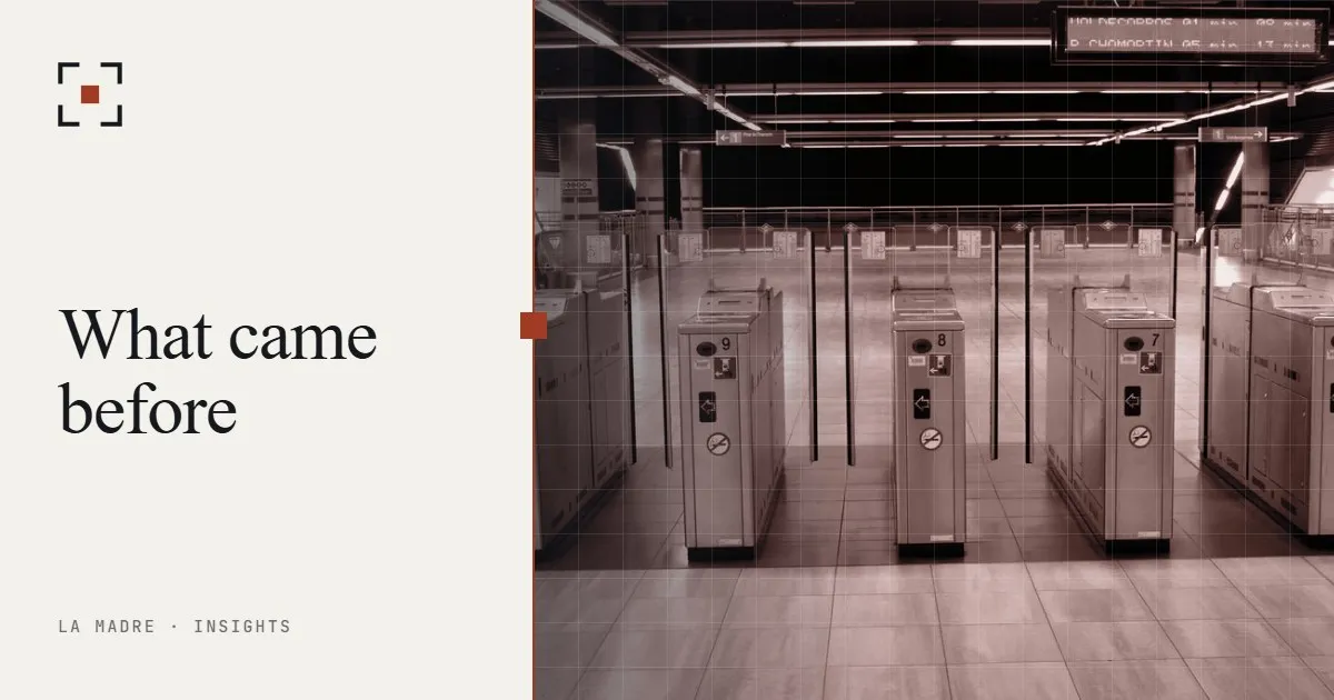 Subway turnstile gates in a row, in La Madre duotone, beside the words What came before