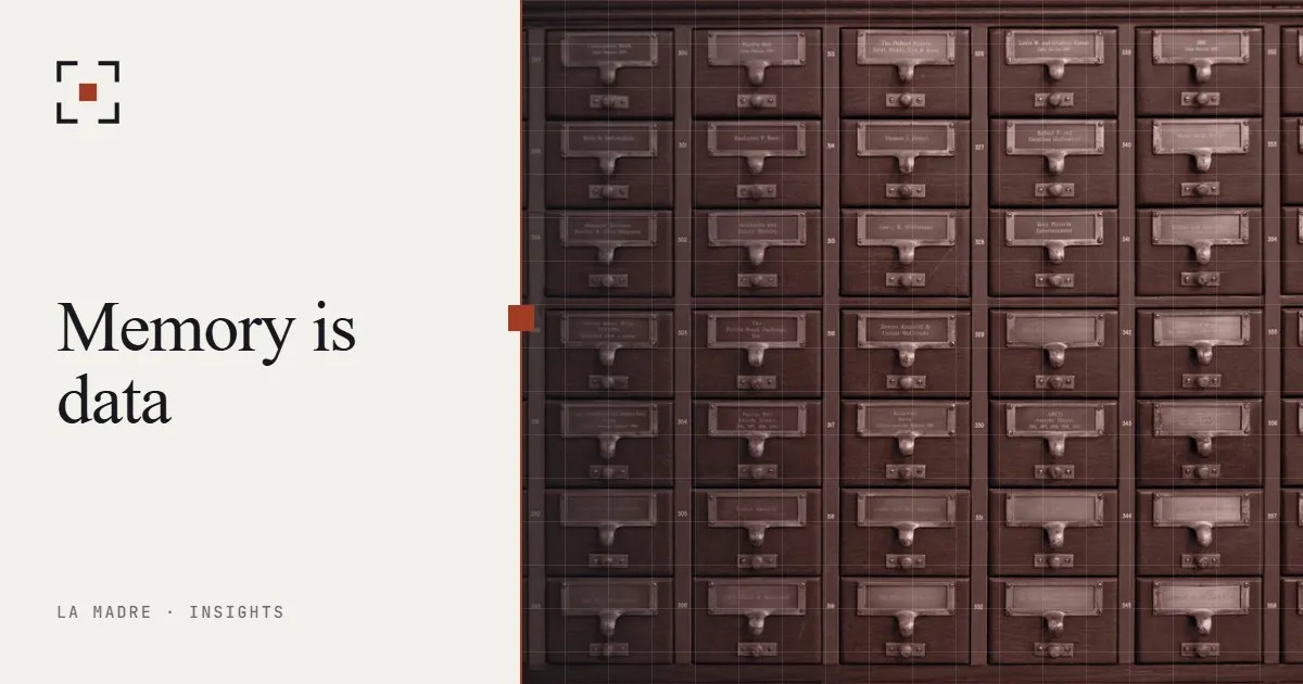 A wooden library card catalog with rows of small drawers, in La Madre duotone, beside the words Memory is data