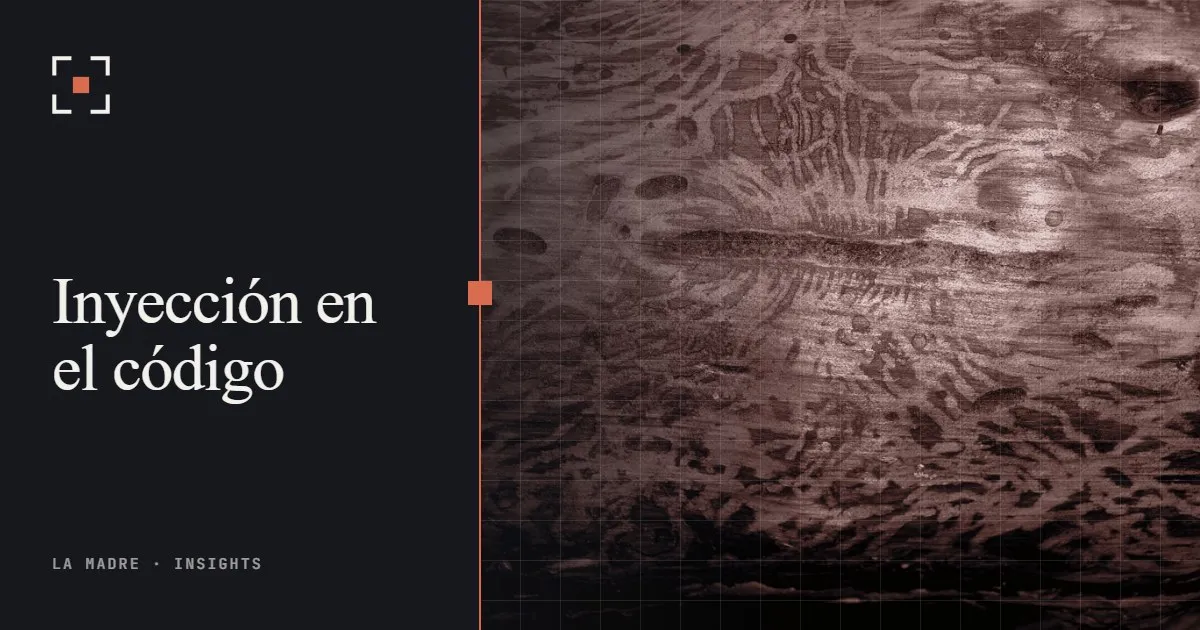 Galerías de larvas de escarabajo bajo la corteza de un árbol, en el duotono de La Madre, junto a las palabras Inyección en el código