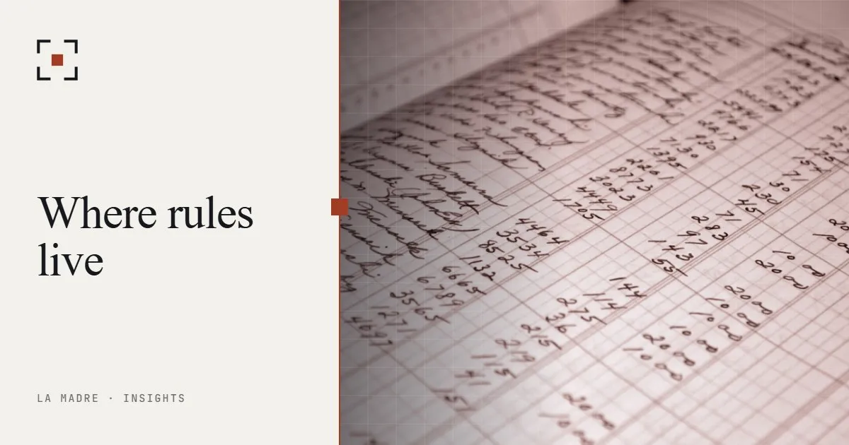 A handwritten accounting ledger with columns of figures, in La Madre duotone, beside the words Where rules live