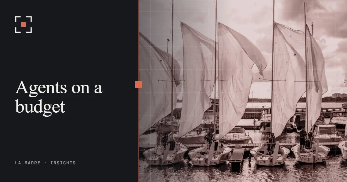 A row of moored sailboats with their sails up, in La Madre duotone, beside the words Agents on a budget