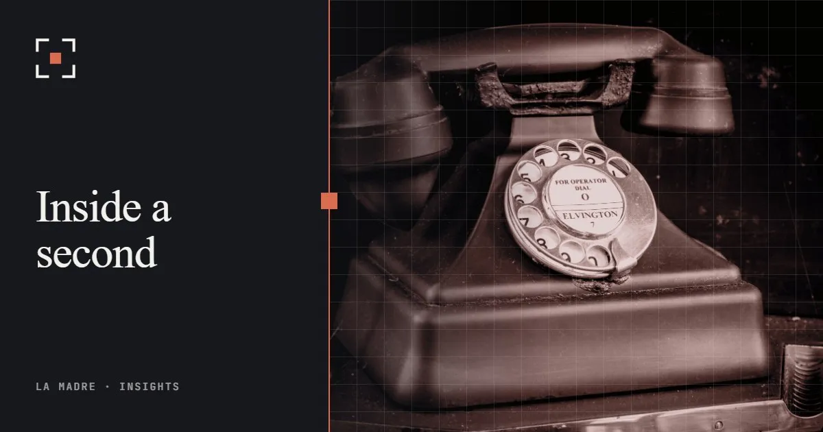 A vintage rotary telephone with its handset on the cradle, in La Madre duotone, beside the words Inside a second