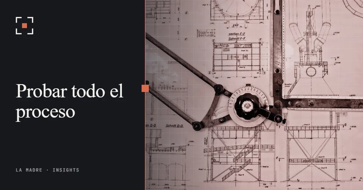 Un compás de dibujo sobre planos técnicos, en duotono La Madre, junto a las palabras Probar todo el proceso