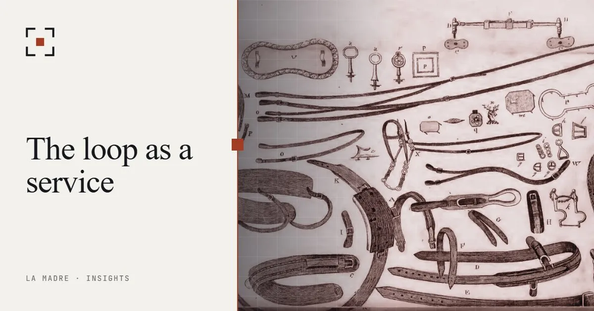 An old engraving of carriage harness parts laid out, in La Madre duotone, beside the words The loop as a service