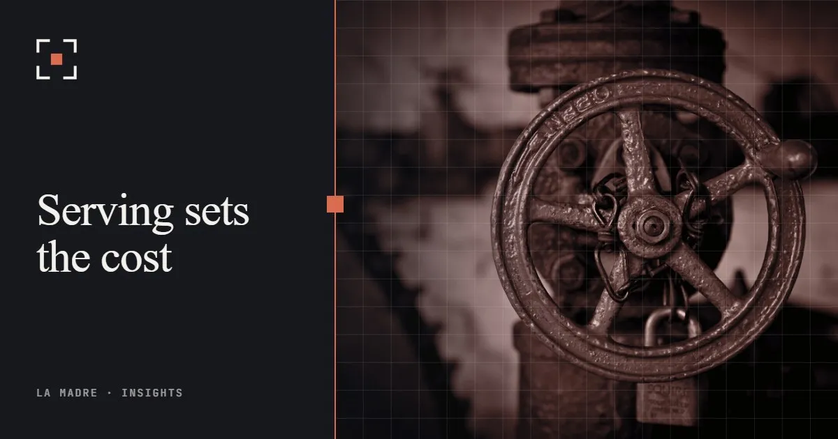 A red valve wheel on an industrial pipe, in La Madre duotone, beside the words Serving sets the cost