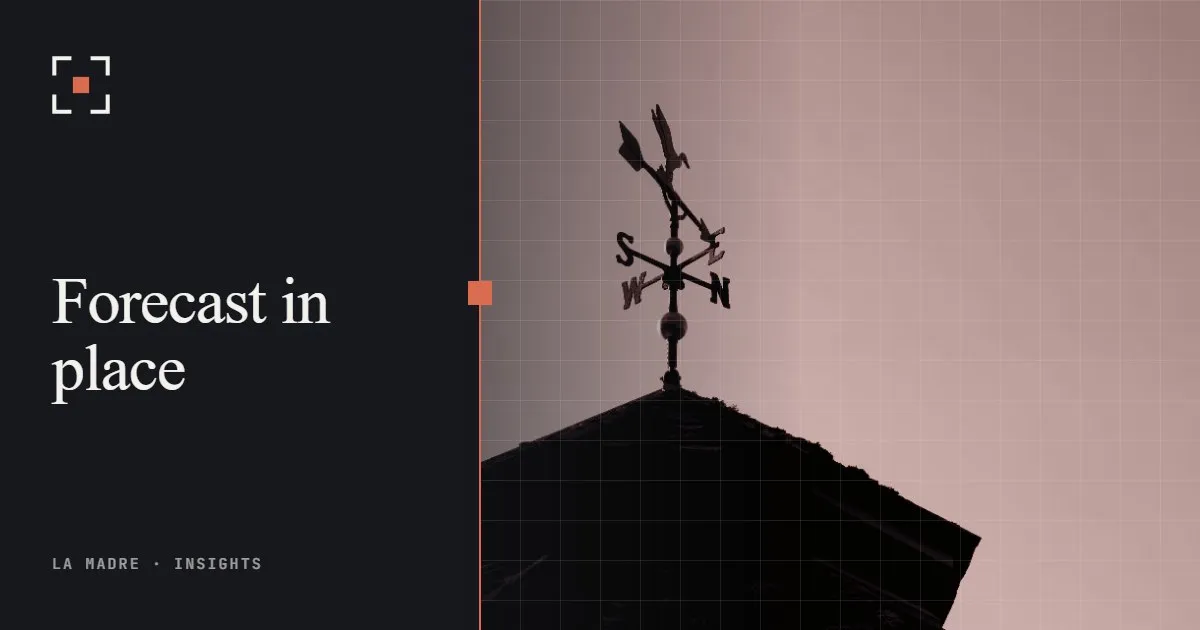 A weather vane on a rooftop against a clear sky, in La Madre duotone, beside the words Forecast in place
