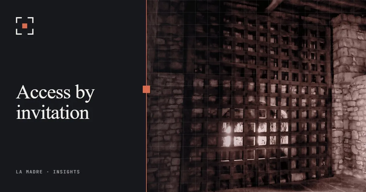 A wooden portcullis inside a medieval city gate, in La Madre duotone, beside the words Access by invitation