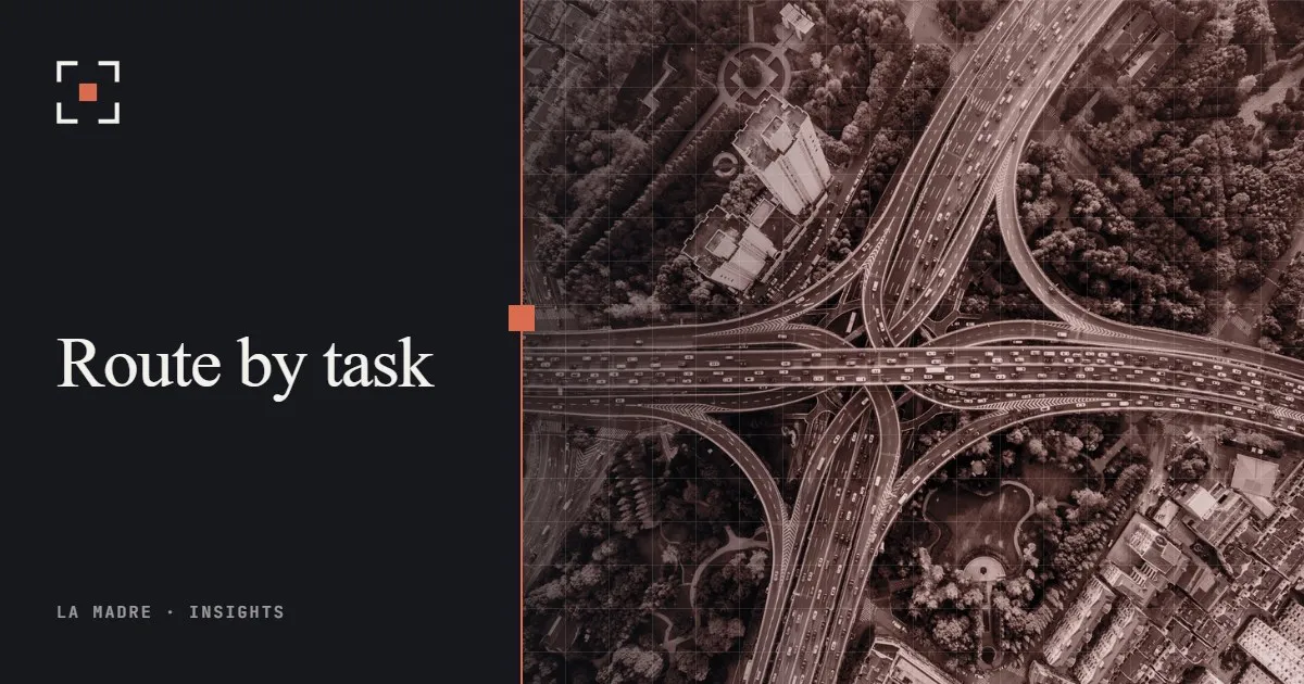 An aerial view of a multilevel highway interchange, in La Madre duotone, beside the words Route by task