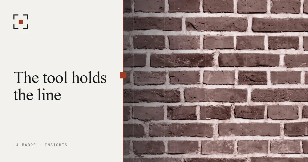 A red brick wall in close-up, in La Madre duotone, beside the words The tool holds the line