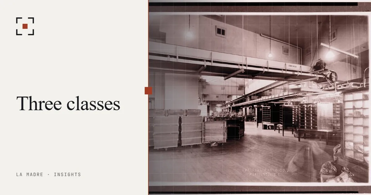 An early twentieth century mail sorting room, in La Madre duotone, beside the words Three classes