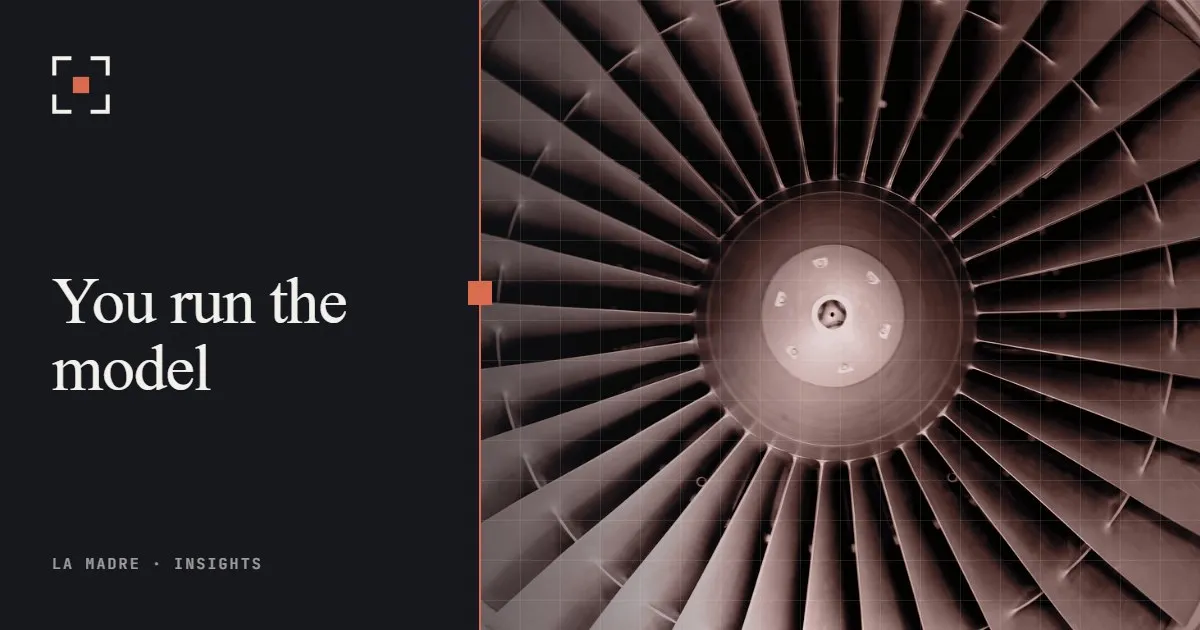 The blades of a jet turbine seen from the front, in La Madre duotone, beside the words You run the model