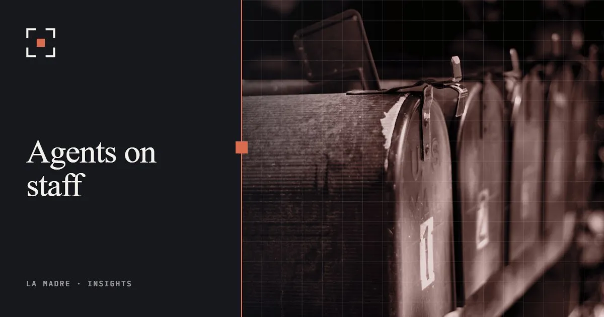 A row of black roadside mailboxes, in La Madre duotone, beside the words Agents on staff
