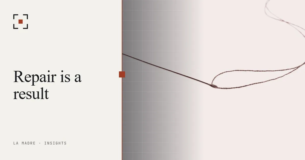 A sewing needle with red thread, in La Madre duotone, beside the words Repair is a result