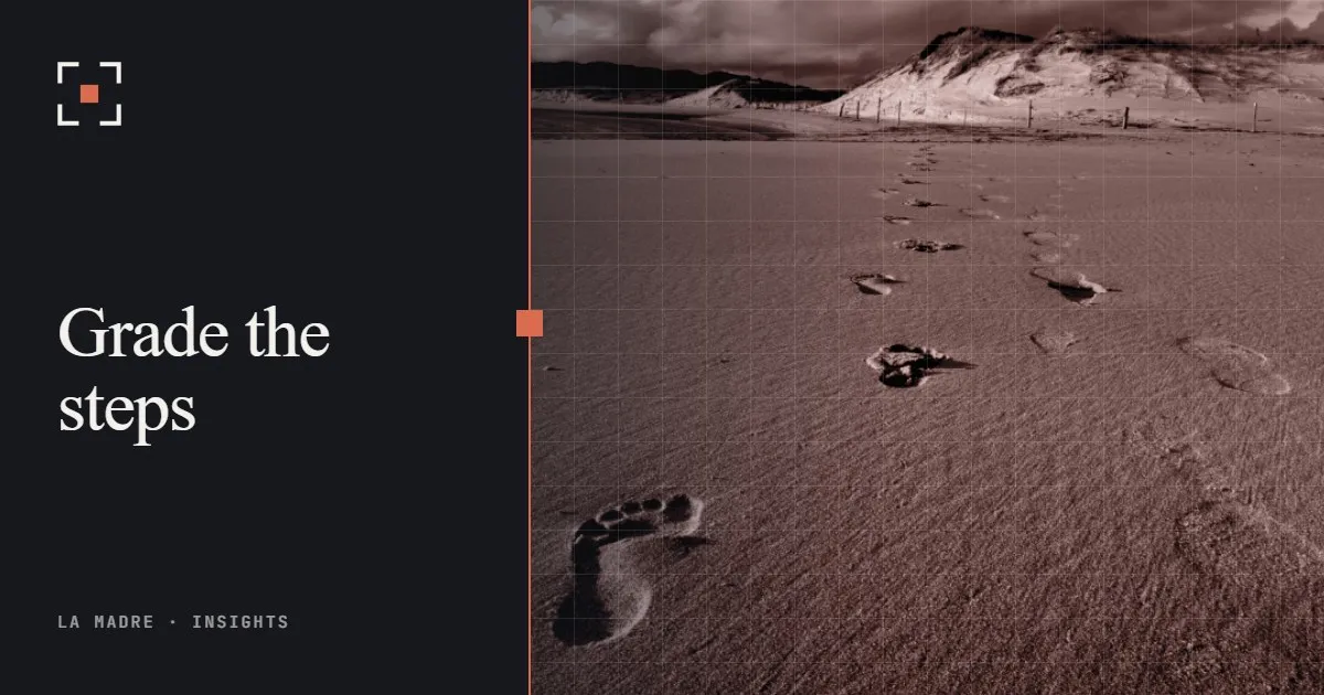 A line of footprints across sand toward the dunes, in La Madre duotone, beside the words Grade the steps