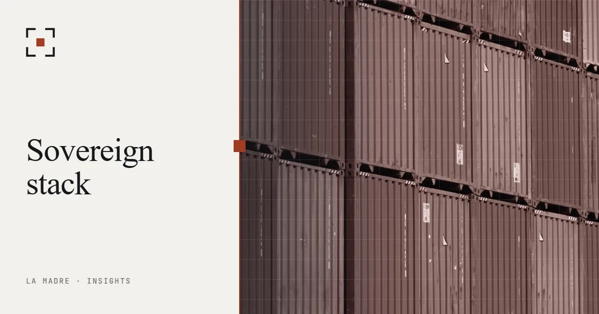A wall of stacked steel shipping containers, in La Madre duotone, beside the words Sovereign stack
