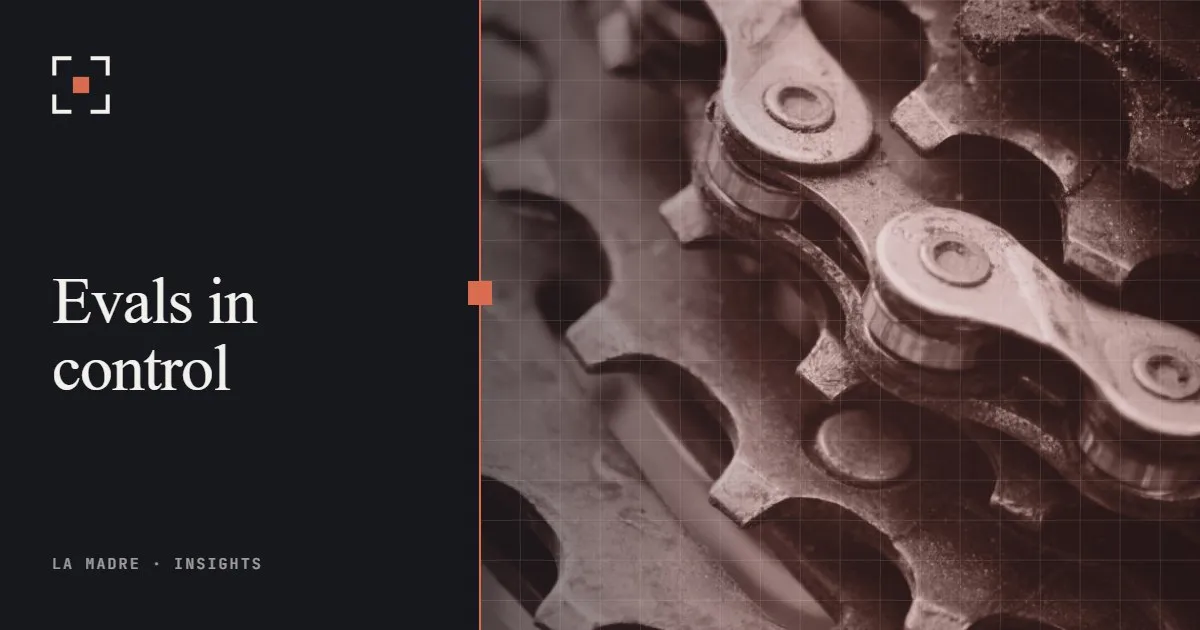 Close-up of interlocking gears and chain, in La Madre duotone, beside the words Evals in control