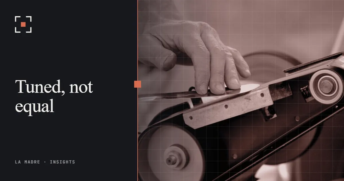 A knife blade being sharpened on a belt grinder, in La Madre duotone, beside the words Tuned, not equal