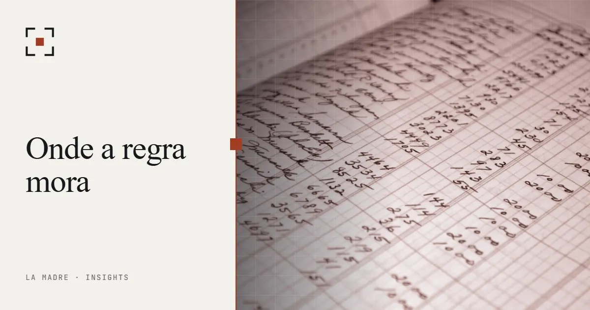 Um livro-razão contábil manuscrito com colunas de números, em duotone La Madre, ao lado das palavras Onde a regra mora