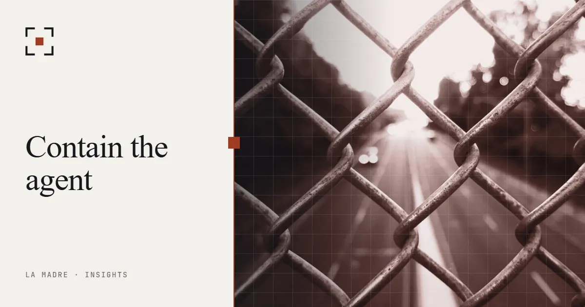 A chain-link fence in front of a highway at dusk, in La Madre duotone, beside the words Contain the agent