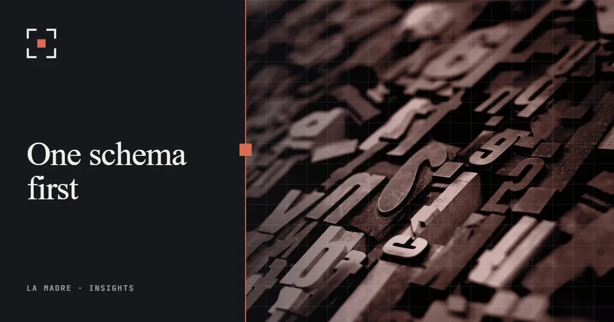 Scattered wooden letterpress type blocks, in La Madre duotone, beside the words One schema first