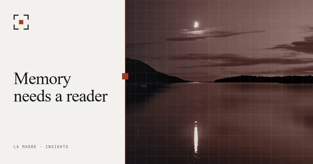A half moon over a fjord at dusk, in La Madre duotone, beside the words Memory needs a reader