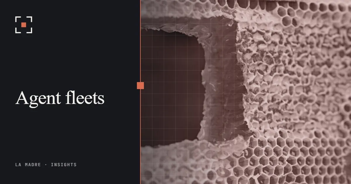 Close-up of a honeycomb with hundreds of cells, in La Madre duotone, beside the words Agent fleets