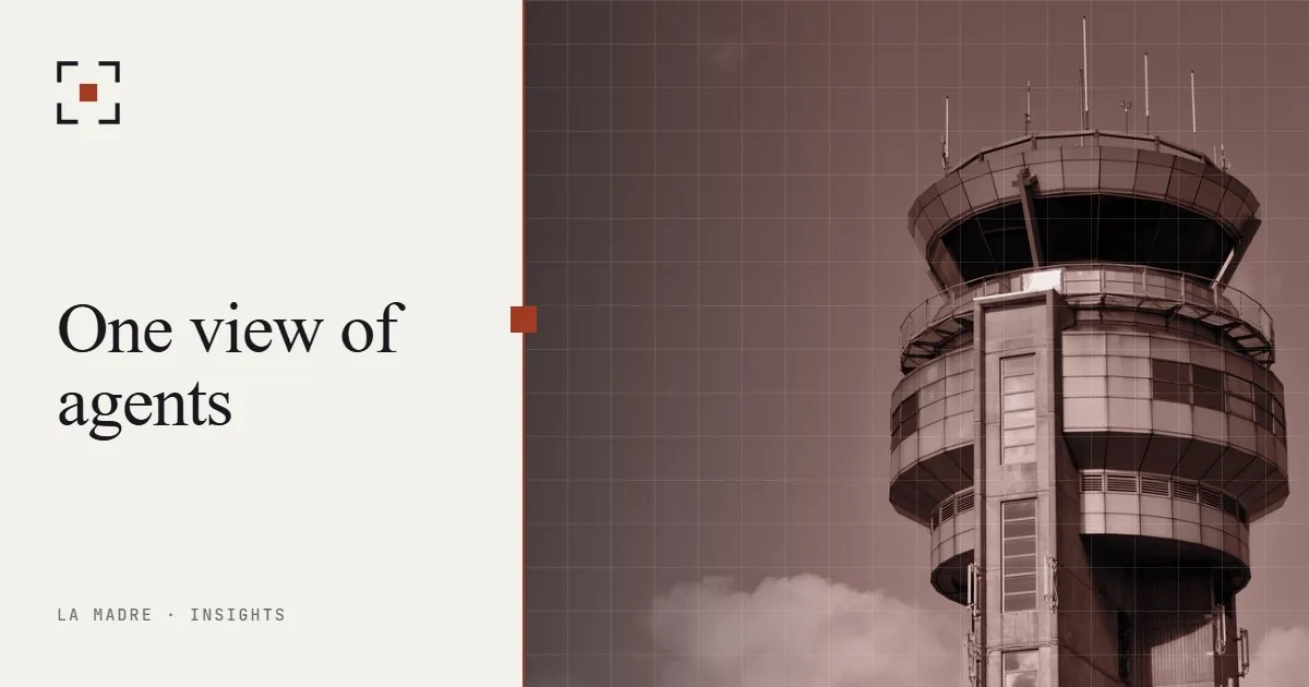 An air traffic control tower against an open sky, in La Madre duotone, beside the words One view of agents