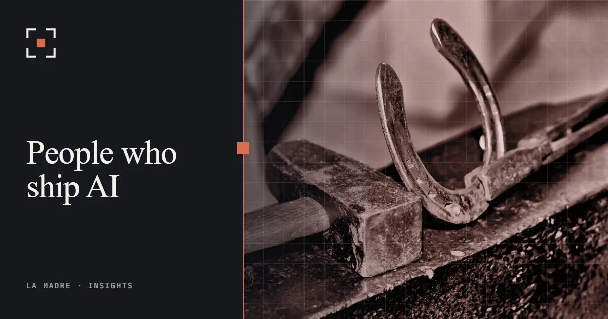 A horseshoe resting on a blacksmith's anvil, in La Madre duotone, beside the words People who ship AI